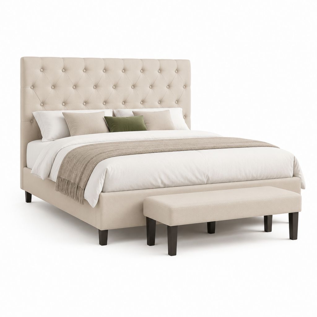 Polsterbett Set Beige Polyester rechteckig mit Sitzbank 180 x 200 cm