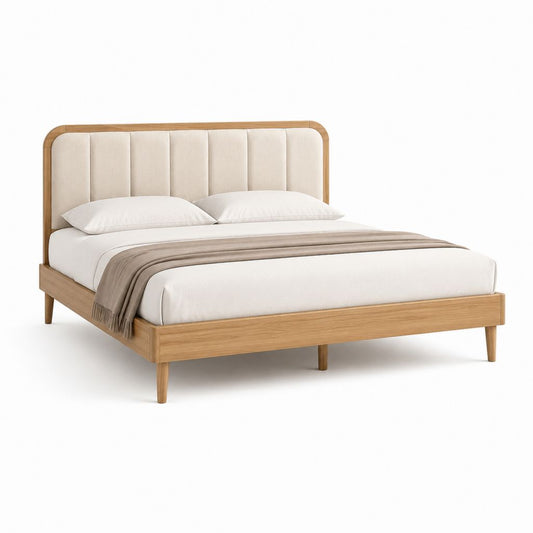 Doppelbettgestell Naturbeige aus massivem Eichenholz mit gepolstertem Polyester-Kopfteil 160 x 200 cm