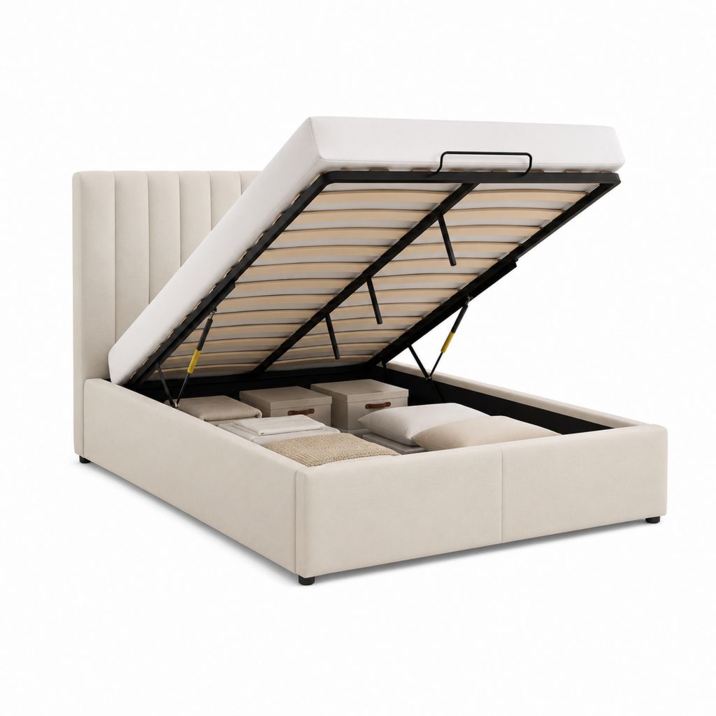 Polsterbett mit Stauraum Beige Polyester 160 x 200 cm mit Gasdruckfeder und Lattenrost