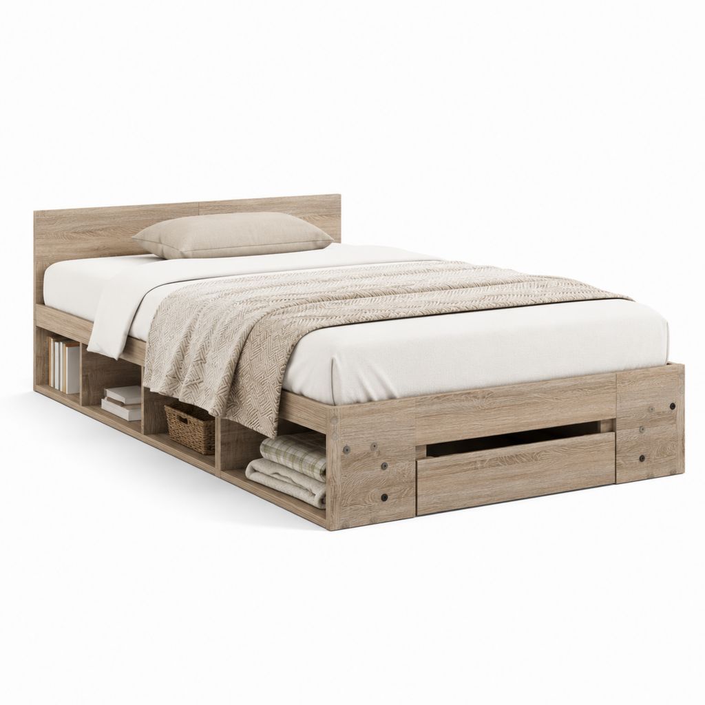 Stauraumbett Eicheoptik Spanplatte rechteckig 160 x 200 cm mit offenen Regalfächern