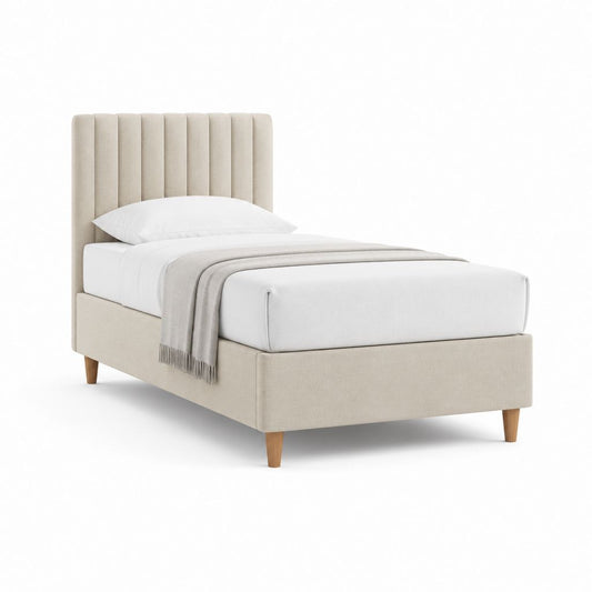 Polsterbett Beige mit Polyesterbezug und Buchenholzfüßen für Matratze 90 x 200 cm