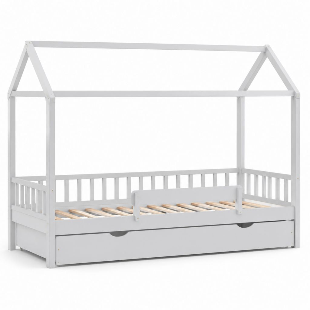 Kinderbett Hausbett Weiß aus massivem Kiefernholz 90 x 200 cm mit Rausfallschutz und Bettkasten