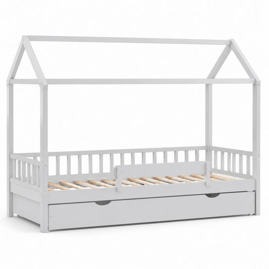 Kinderbett Hausbett Weiß aus massivem Kiefernholz 90 x 200 cm mit Rausfallschutz und Bettkasten